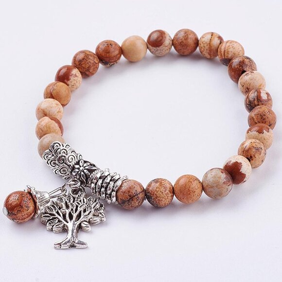 NWOT Natural Picture Jasper Gemstone Stretch Bracelet W Tree Charm Handmade Gift - Picture 1 of 2